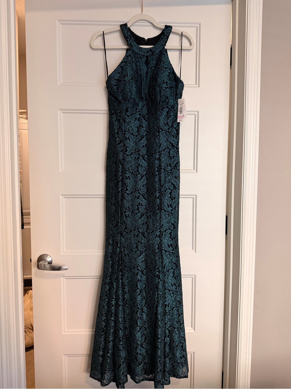 R&M Richards Teal Lace Halter Maxi Gown